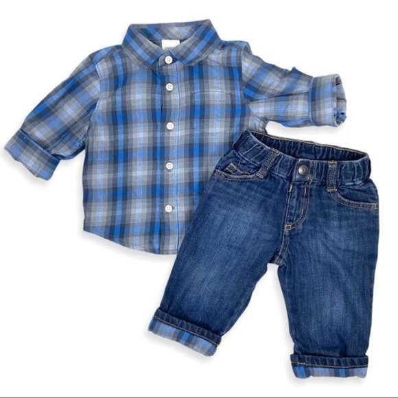 Gymboree Two Piece Set Button Up and Jeans Plaid 3-6 Months - Picture 1 of 5